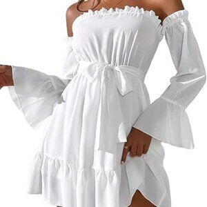 Dresses | Womens Off Shoulder Flare Sleeve Ruffle Hem Belted Dress Nwt ...